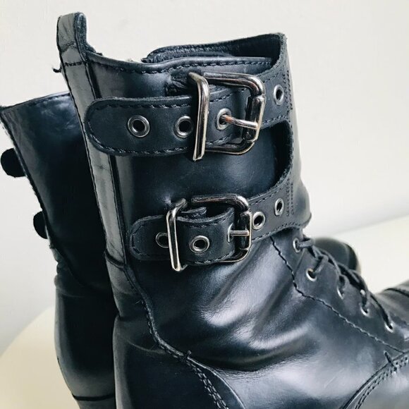Alberto Fermani Black Leather Lace Up Buckles Combat Moto Boots Size US 6 EU 36 - Picture 6 of 8